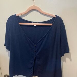 Navy Blue Women's V-Neck Buttoned Top